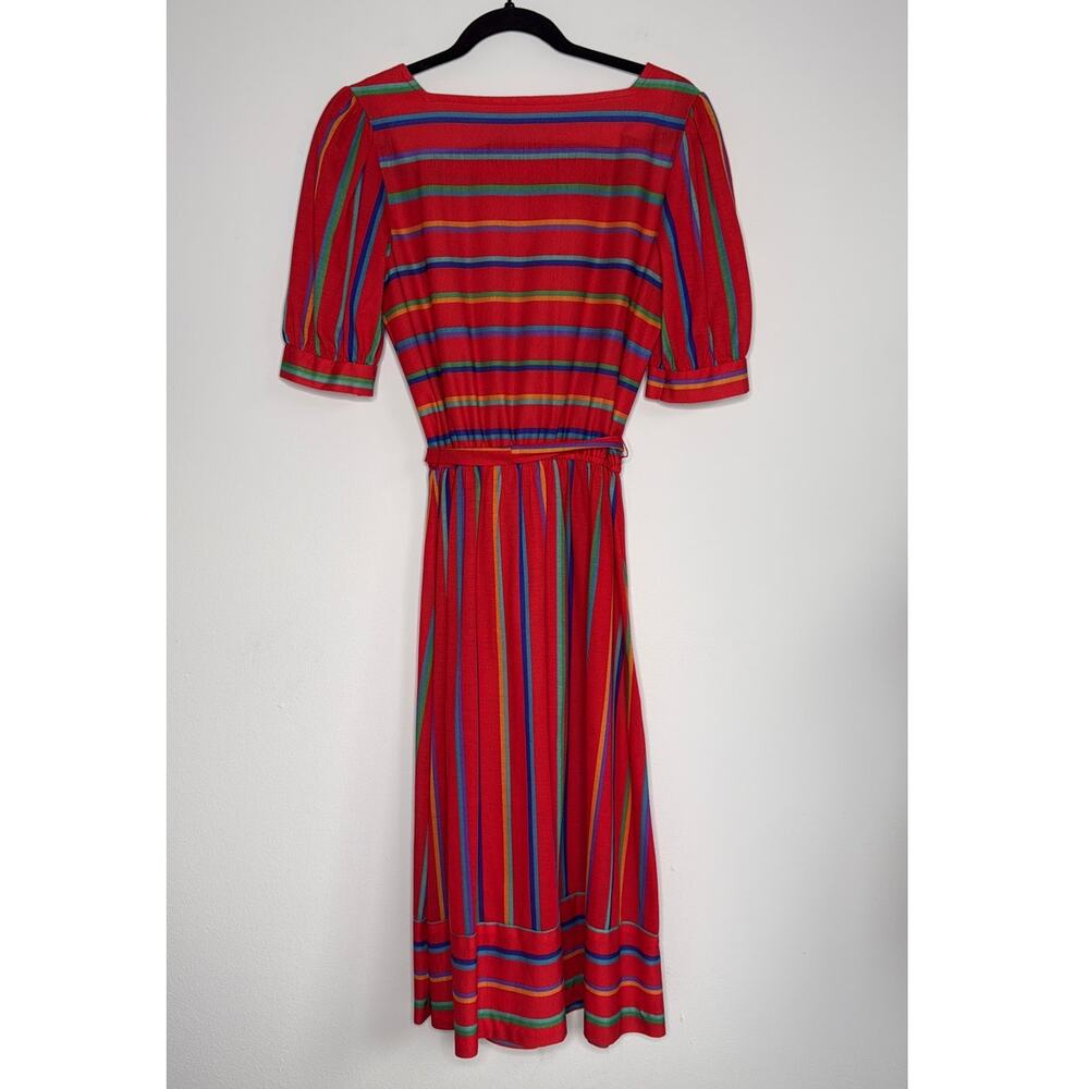Vintage 80s Striped Belted Red Midi Dress Size 11/12 - Picture 2 of 7
